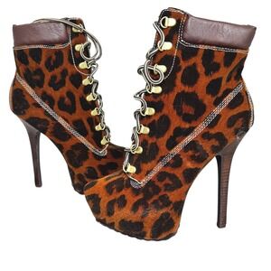 JustFab Leopard Print Platform Ankle Boots Lace Up Stiletto Heel Brown Black